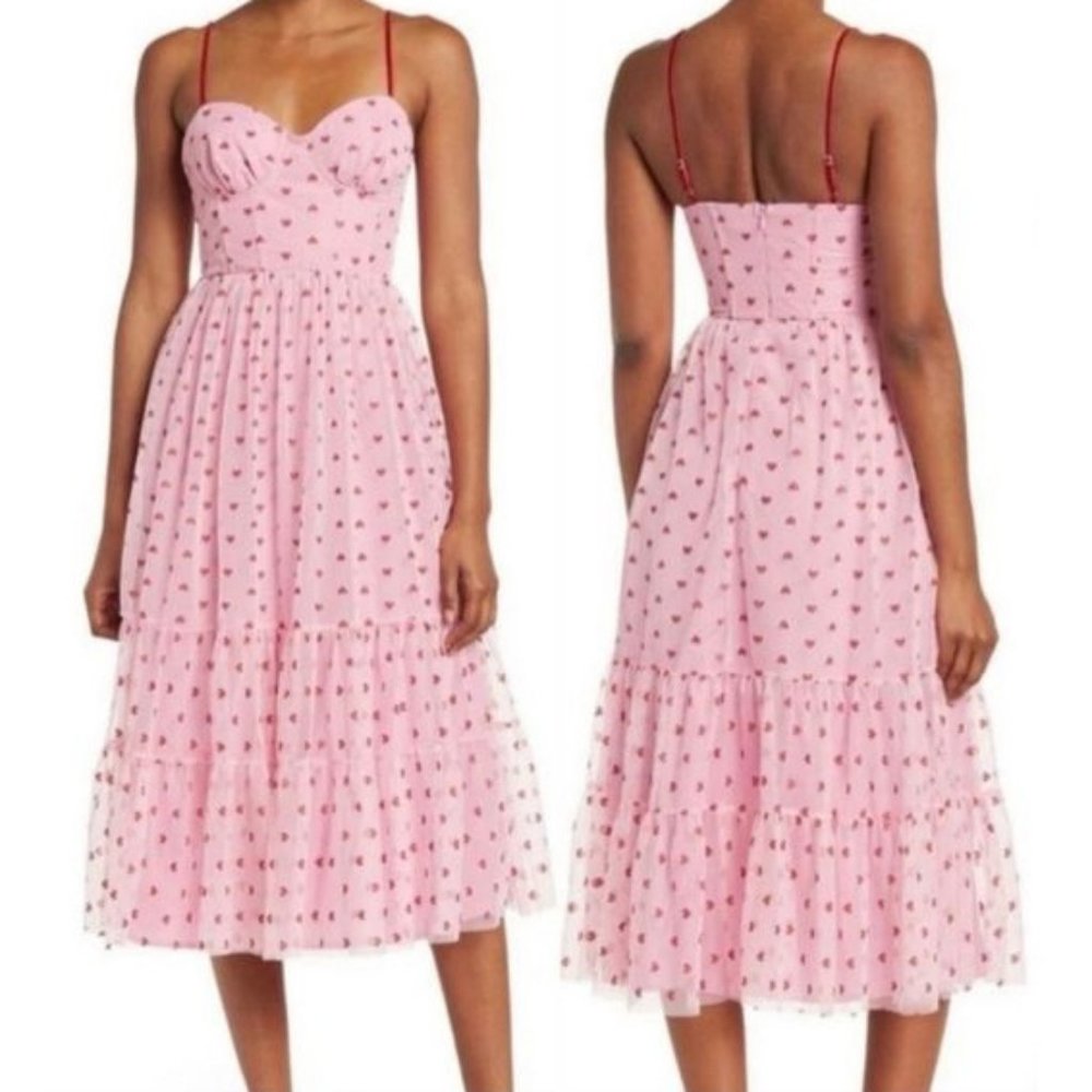 NEW Betsey Johnson Glitter Heart Pink Tulle Valentine's Day Midi Dress, Size 2